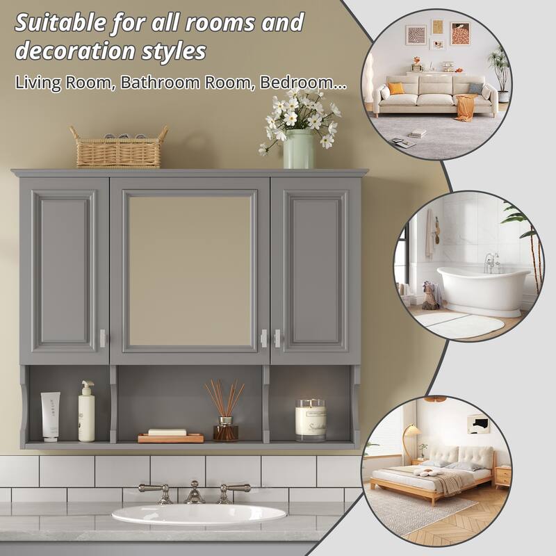 GDFStudio - Rivermont Modern Wall Mounted Bathroom Medicine Cabinet with Mirror and Open Shelves - 35'' x 28''