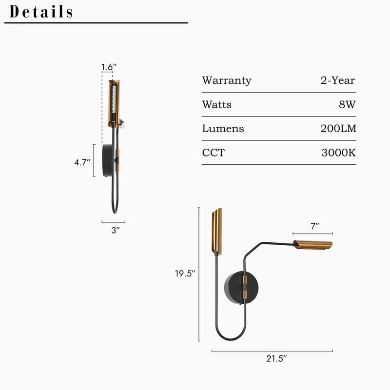 2-Light Mid-Century Modern Gold LED Wall Sconce Lighting for Living Room - 20 x 3 x 19.3