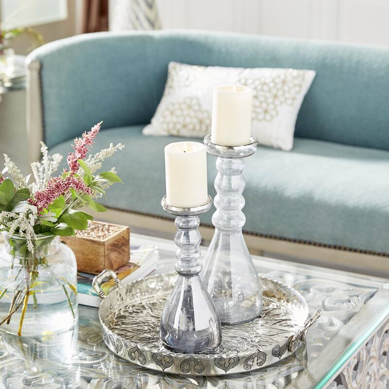 Glass Handmade Bubble Pillar Decorative Candle Holder - Set of 2 Gray - Roche River Decor