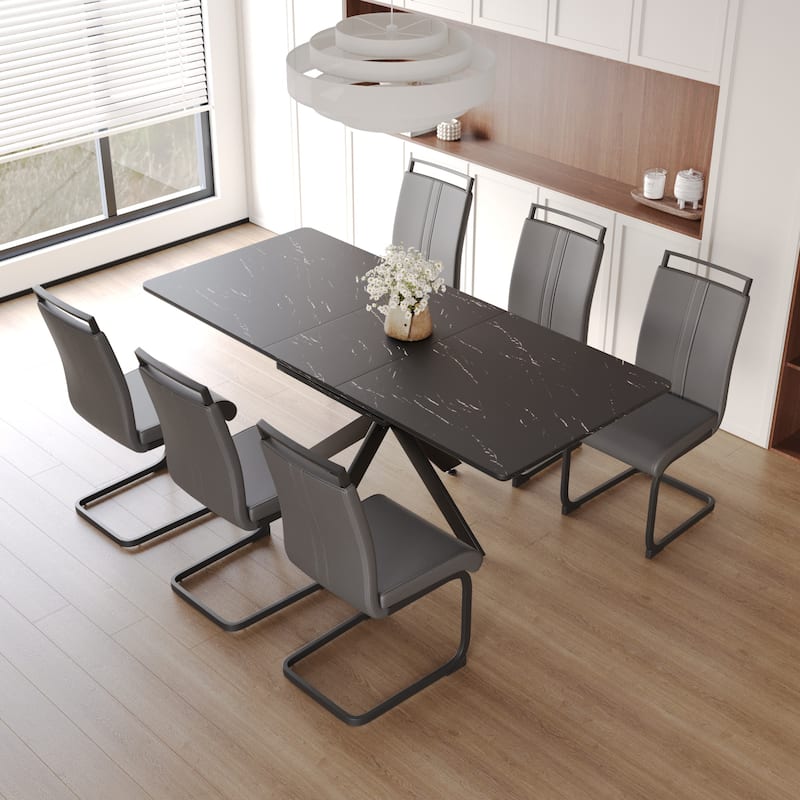 Modern Dining Set with Rectangular Extendable Table & High Back C-shaped Tube Armless Chairs
