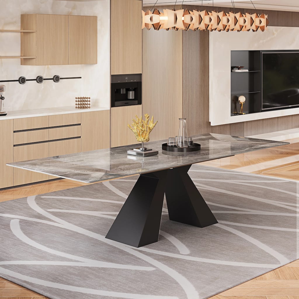 63'' to 94.5” Extendable Dining Table For 8-10 with Sintered Stone Tabletop and Metal Base - 94.48"