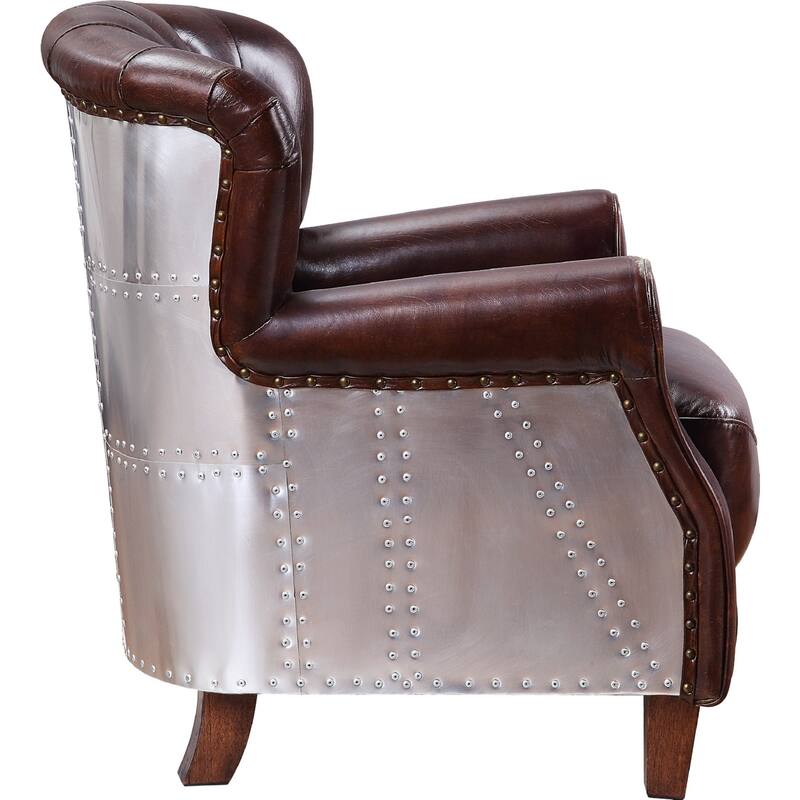 Top Grain Leather Accent Chair in Vintage Brown and Aluminum