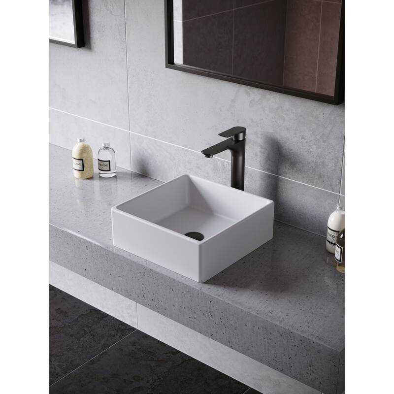 Karran Quattro Matte White Acrylic 15 in. Square Bathroom Vessel Sink with Faucet and drain in Matte Black
