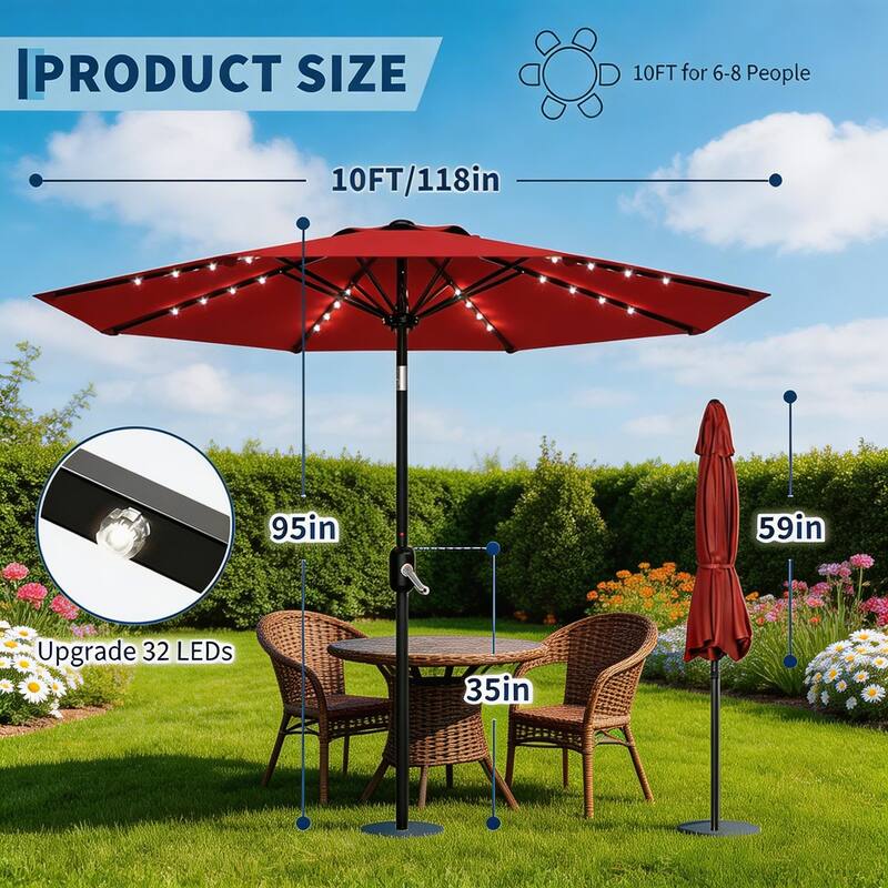 9 ft Patio Umbrella, 8 Sturdy Ribs, with Lights