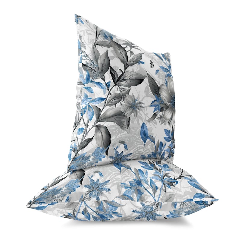 Blue And Grey Exquisite Floral Breeze Faux Suede Throw Pillow Zipper