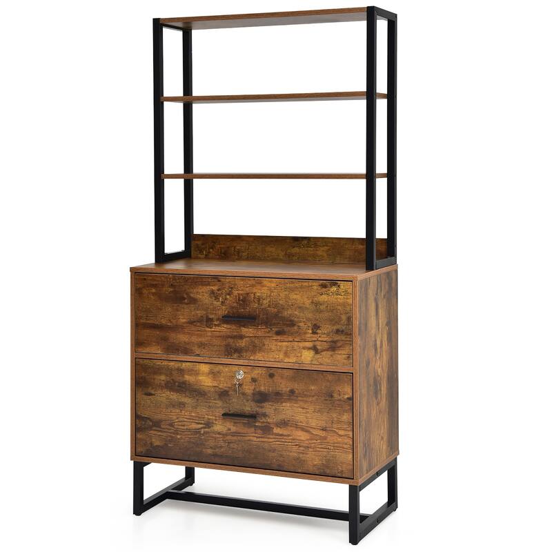 Lateral File Cabinet 4 Tier Tall Storage Bookshelf Display Shelf - Coffee