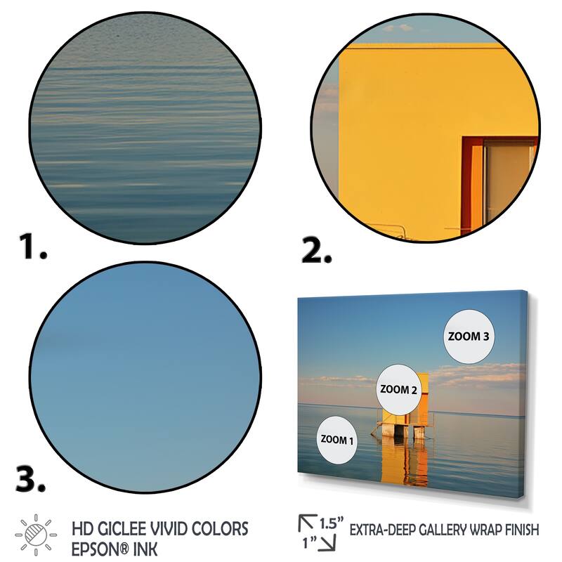 Designart "Coastal Minimalism Yellow Building In The Water I" Beach Framed Canvas Prints