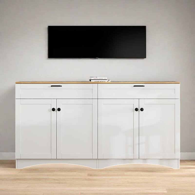 62.9" TV Stand - Wood-Grain Top, 2 Adjustable Cabinets and 2 Drawers, Fits 70" TVs - White