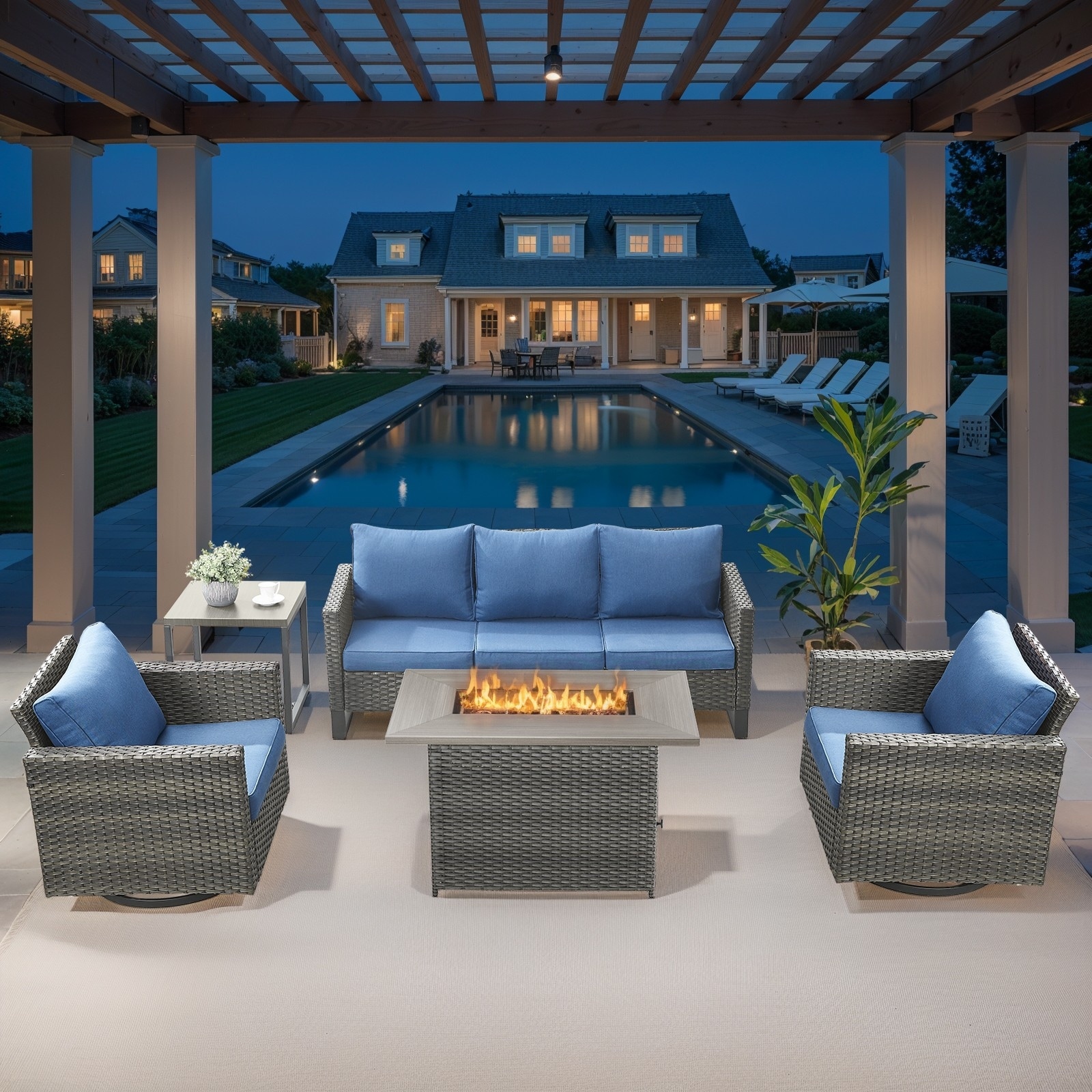 Outdoor Sofa Swivel Chairs with Fire Pit Table - Blue cushion - Grey