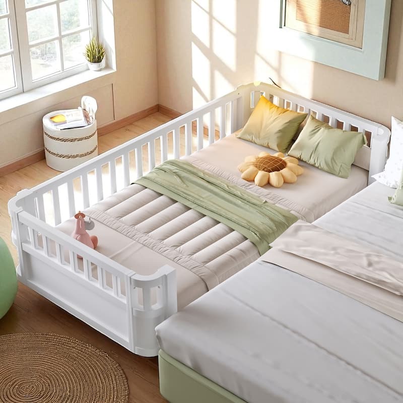 Wood Platform Bed with Guardrails & Detachable Fence, Twin/Full/Twin XL/Queen Size Kids Bed, Safety Design, No Box Spring