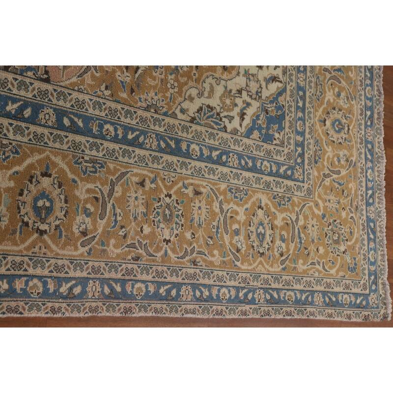 Distressed Floral Kashan Persian Antique Area Rug Handmade Wool Carpet - 9'0" x 12'5"