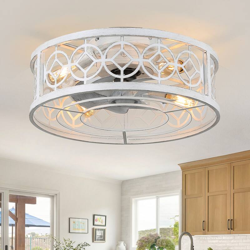 20" Flush Mount Caged Ceiling Fan with Light and Remote, Distressed White Metal 3-Speed Reversible Dc Motor