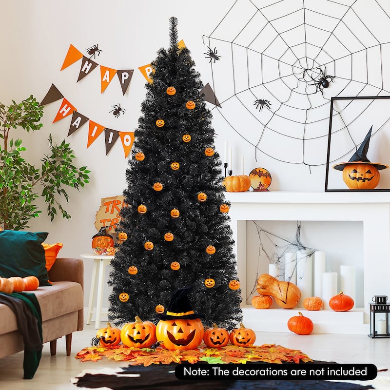 Gymax 6/7 FT Pre-lit Black Christmas Tree Artificial PVC Slim Pencil - See details