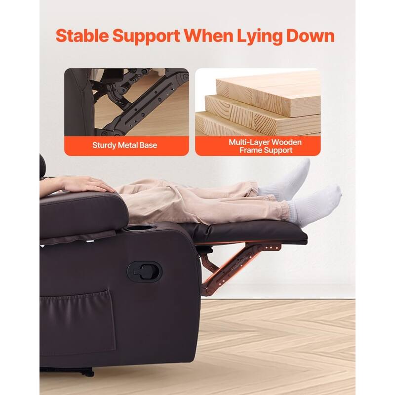 Brown PU Leather Manual Recliner Loveseat with High Back, Storage and Cup Holders - 65.5 x 36.2 x 40.9 in