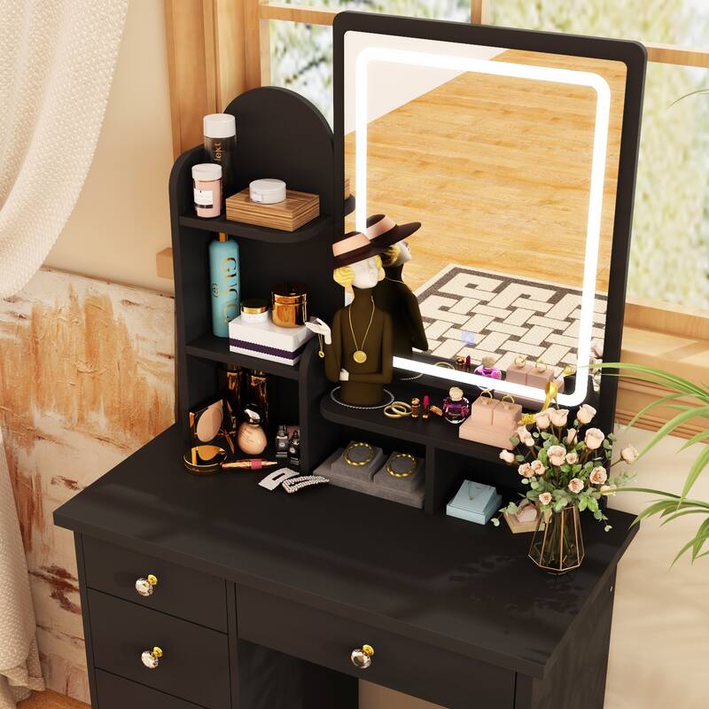 Vanity Desk with LED Lighted Mirror, Makeup Vanity Table with Drawers, Shelves and Stool