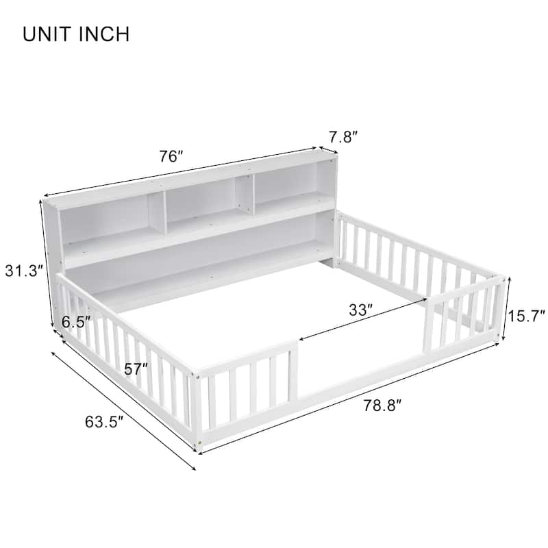 Full Size Floor Bed with Side Bookcase & Guardrails, Space-Saving Design with Shelves for Storage, Pine Wood