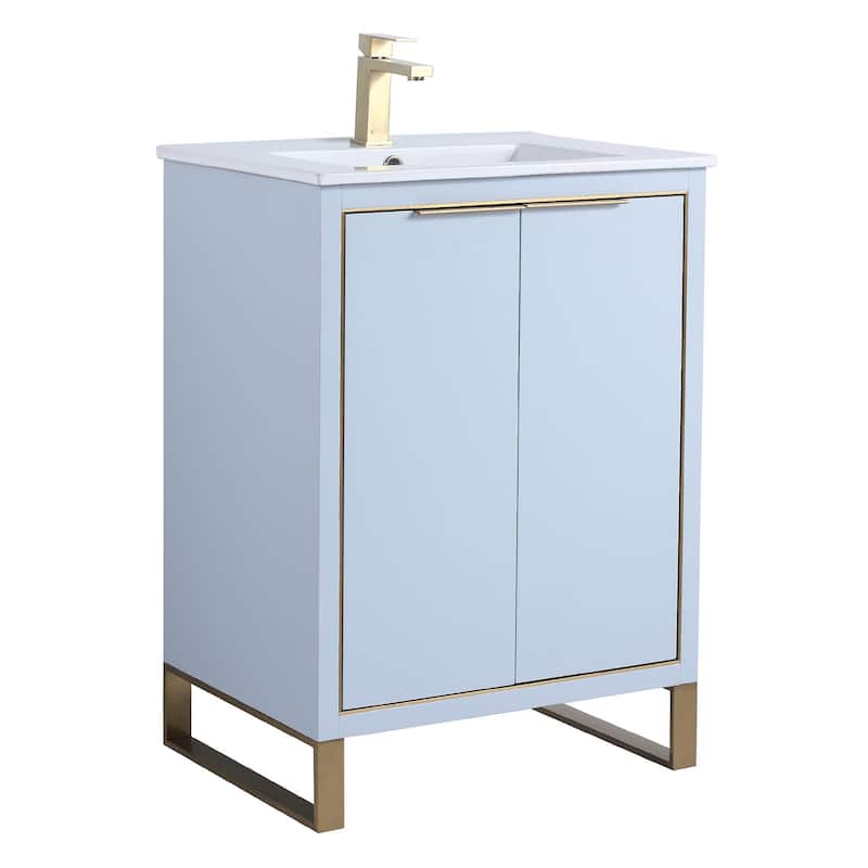 Fine Fixtures Opulence Collection Bathroom Vanity with White Ceramic Sink - 24 Inch - Pastel Blue - Satin Brass Hardware