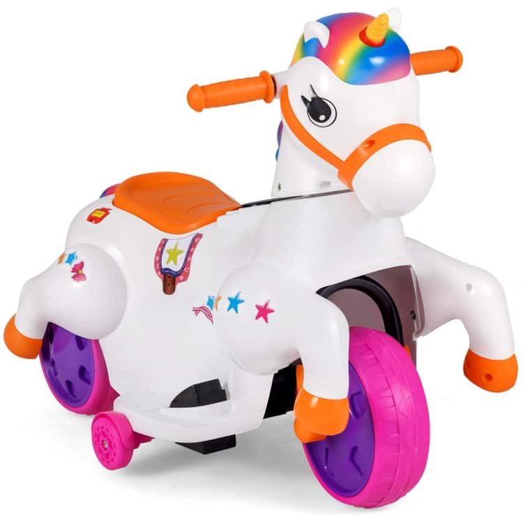 Kids 12V Unicorn Ride-On Toy with Training Wheels Fun and Safe Horse Riding Mode - 27” L x 15” W x 22.5” H - Multicolor