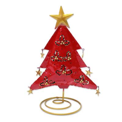Handmade Red Christmas Tree Steel tealight holder (Indonesia)