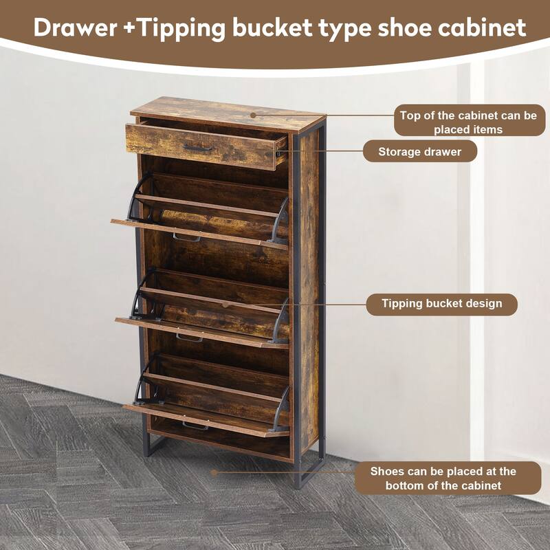 3-Tier Flip Shoe Storage Cabinet with Drawer, Hidden Storage Organizer for Entryway, Hallway, or Behind the Door Organizer