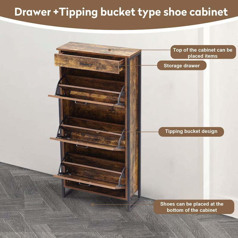 Hidden Wood Shoe Storage Cabinet, Narrow Shoe Cabinet with Drawers, 3-Tier 15 Pair Shoe Rack for Hallway, Entryway