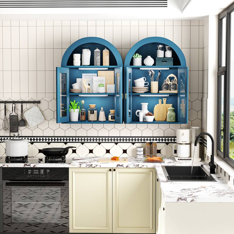 Wall Mounted Arched Cabinet with Glass Doors, Light and Adjustable Shelves for Laundry Room, Bathroom, Kitchen