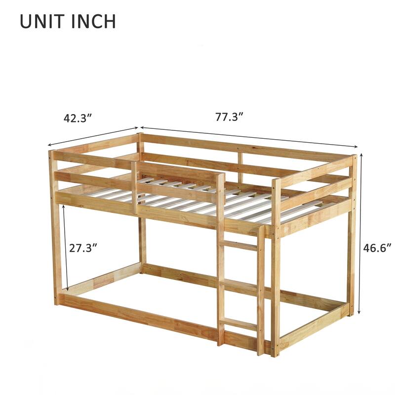 Wooden Twin over Twin Floor Bunk Bed with Ladder, with Bed Platform of Strengthened Slats