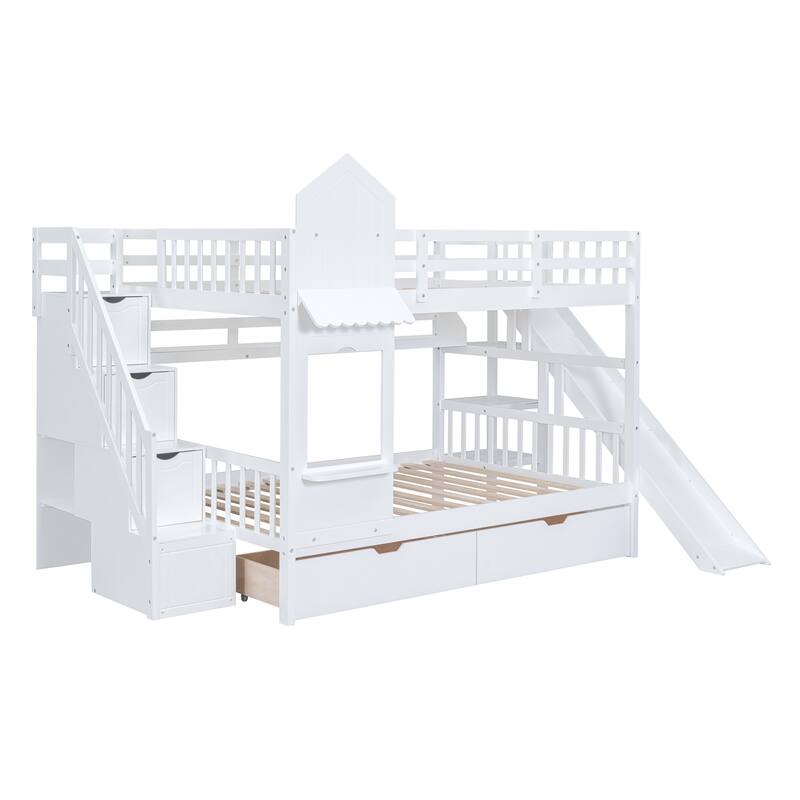 Full Over Full Pine Castle Bunk Bed with Slide, Drawers, Shelves, and Staircase