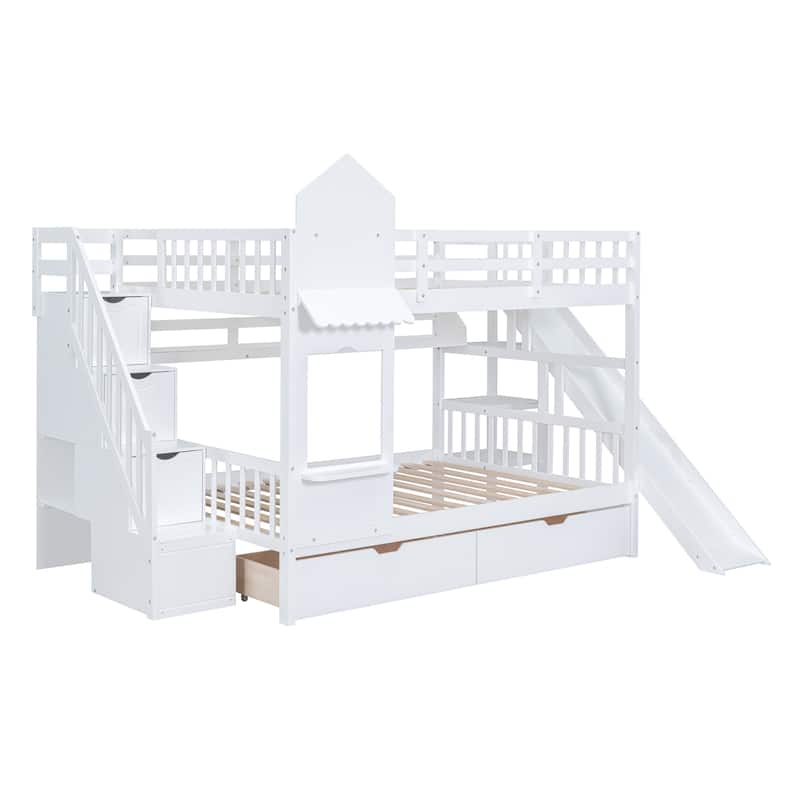 White Full over Full Size Solid Wood Castle Style Bunk Bed with 2 Drawers 3 Shelves and Slide for Kids, Bedroom