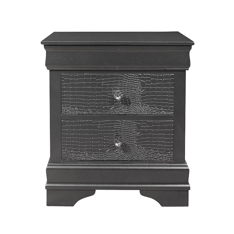 Contemporary Crocodile Texture Nightstand with Crystal Hardware - Metallic Grey - Metallic Grey