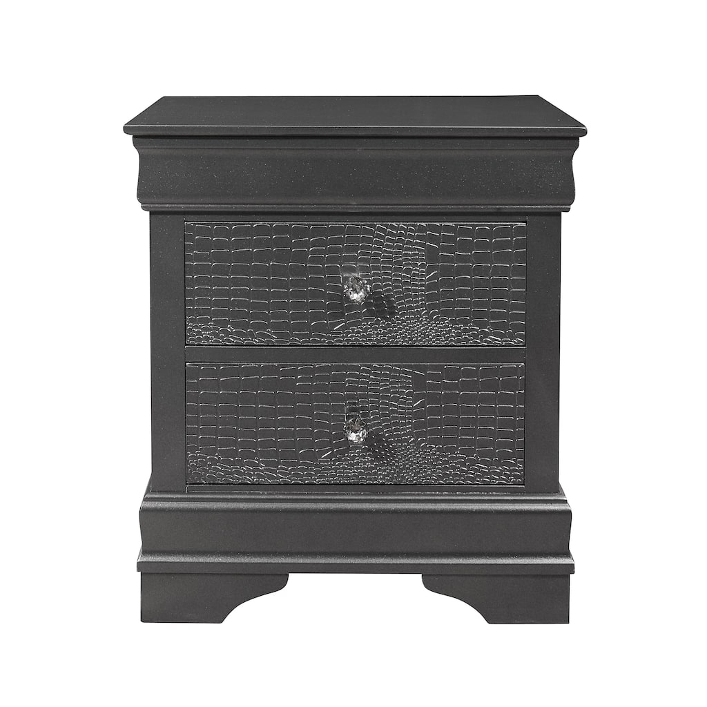 Contemporary Crocodile Texture Nightstand with Crystal Hardware - Metallic Grey