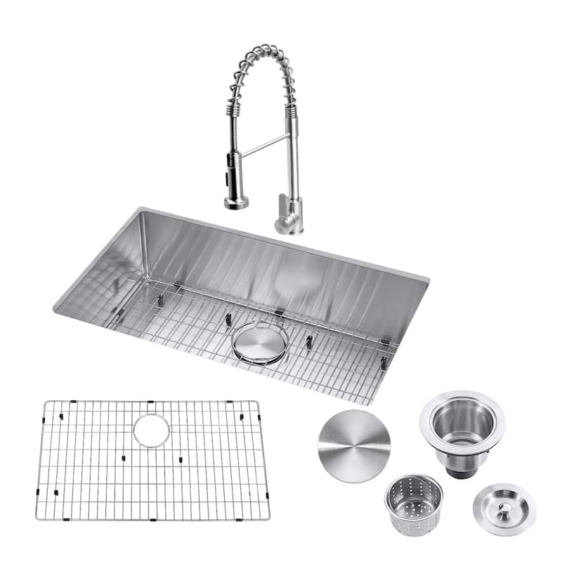 30" Undermount Kitchen Sink and Pull-down Faucet Combo with Drain Strainer, Protective Bottom Grid, All in One (30" x 18" x 9") - 30"
