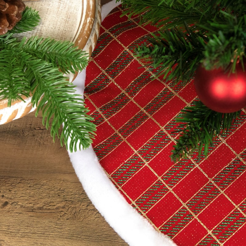 20" Red and Gold Plaid Glittered Mini Christmas Tree Skirt - 20