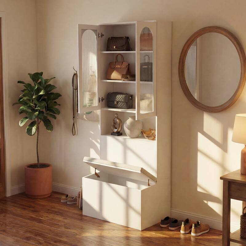 Entryway Cabinet Tempered Glass DoorsStorage Bench with Cushion, Modern Mudroom Hall Tree Organizer with Hidden Storage
