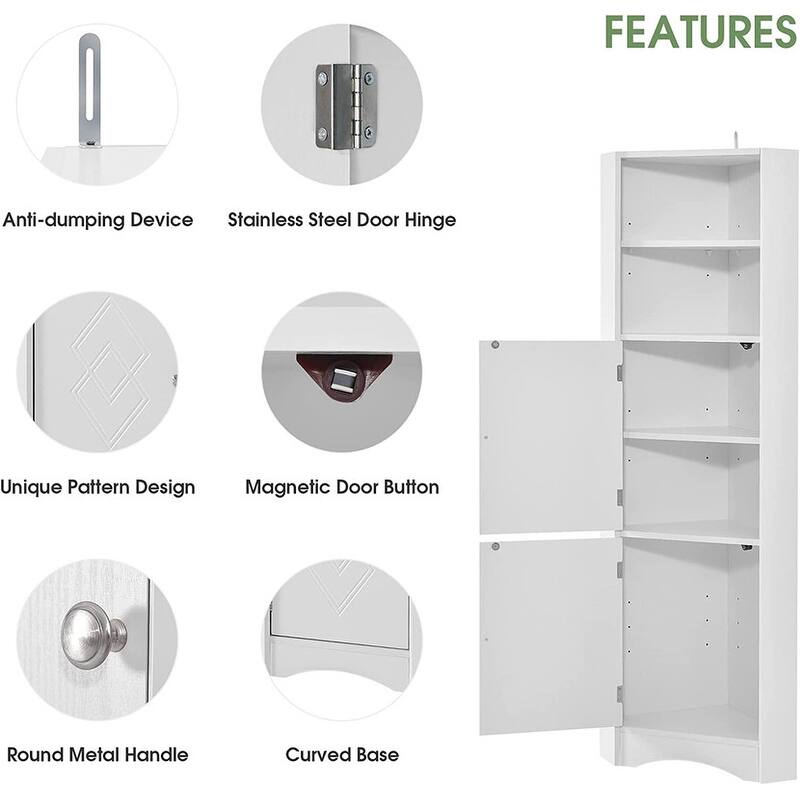 Home Tall Corner Cabinet with 2 Doors and 2 Tiers of Outside Shelves, Freestanding Storage Cabinet with Adjustable Shelves
