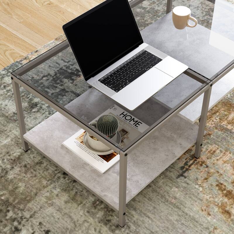 Farmhouse Glass Coffee Table with Storage, Metal Wood