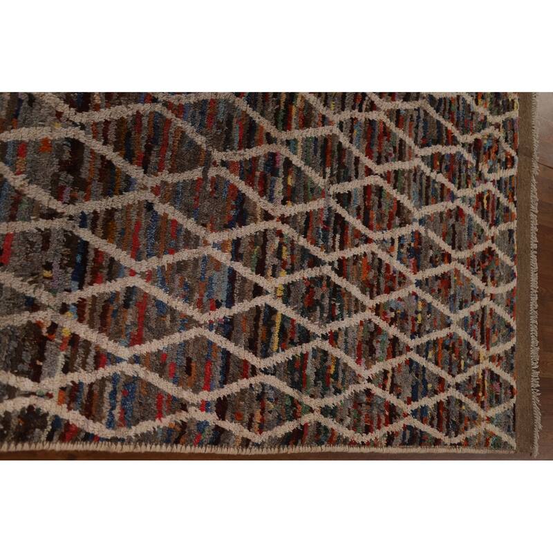 Hand Knotted Oriental 100% Wool Carpet Modern All-Over Black Moroccan Area Rug - 9' 7'' X 6' 3''