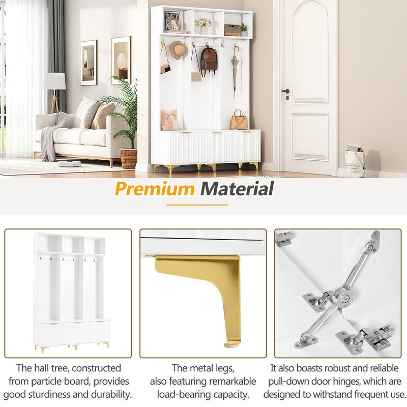 Storage Hall Tree with Bench, Multi-functional Storage Bench with High Gloss Fluted Doors, Coat Rack with 6 Hooks and Legs
