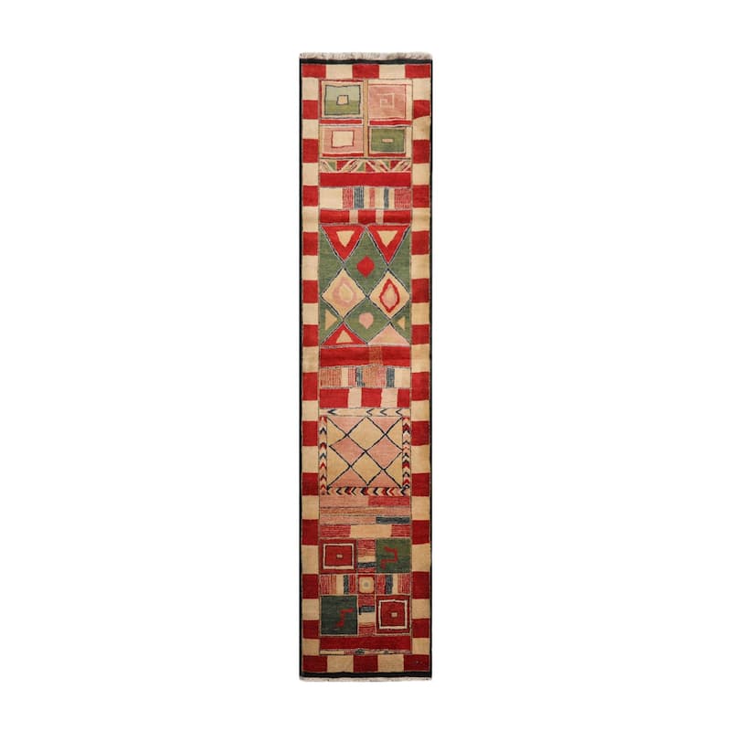Hand Knotted Red, Green Tibetan Wool Modern Oriental Area Rug - 2' 7'' x 12' 3''