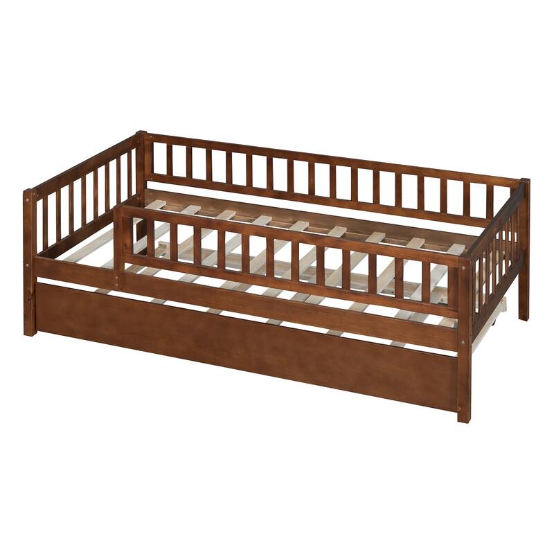Twin Size Wooden Daybed with Trundle and Fence Guardrails, Space-Saving Design
