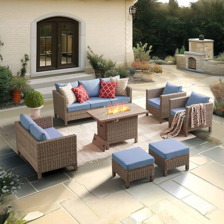 9 - Person Outdoor Wicker Patio Conversation Furniture Set With Fire Pit Table - Blue