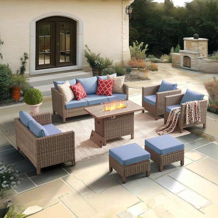 9 - Person Outdoor Wicker Patio Conversation Furniture Set With Fire Pit Table