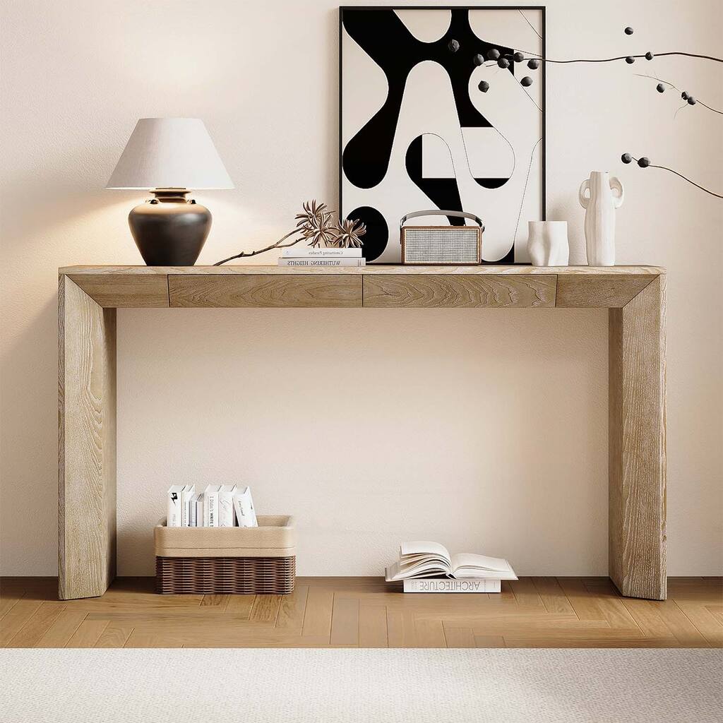 Wood Console Table with 2 Concealed Drawers,Waterfall Edge,and Thickened Legs for Enhanced Stability and Style