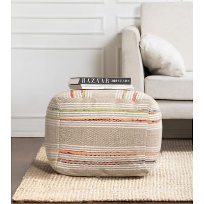 Jani Soulard 20-inch Beige & Multicolor Square Pouf Ottoman - Handmade Footrest for Living Room, Bedroom