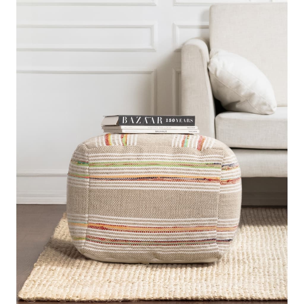 Jani Soulard 20-inch Beige & Multicolor Square Pouf Ottoman - Handmade Footrest for Living Room, Bedroom