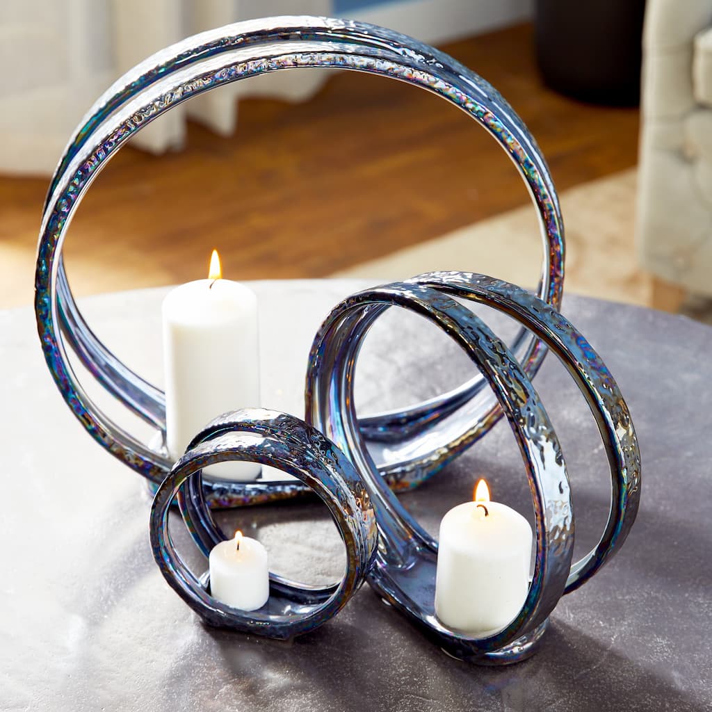 Silver Ceramic Pillar 3 Plate Candle Holder (Set of 3) - 14 x 5 x 13Round