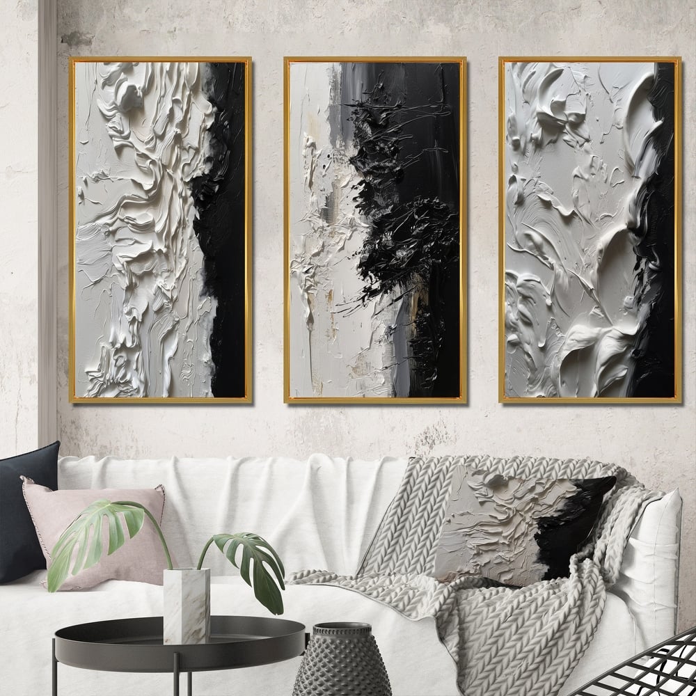 Designart "White And Black Tranquility Unleashed III" Abstract Marble Framed Wall Art Set Of 3 For Office Decor