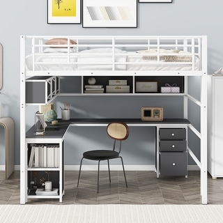 Metal Loft Bed with Bookcase, Desk and Cabinet, Full
