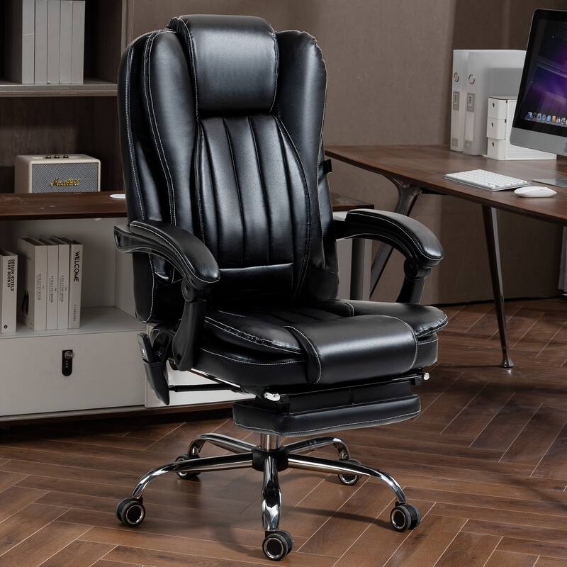 Stylish Office Chair Modern Massage Office Chair with 4 Modes, Tilt Heating and Footrest, for Office - Black