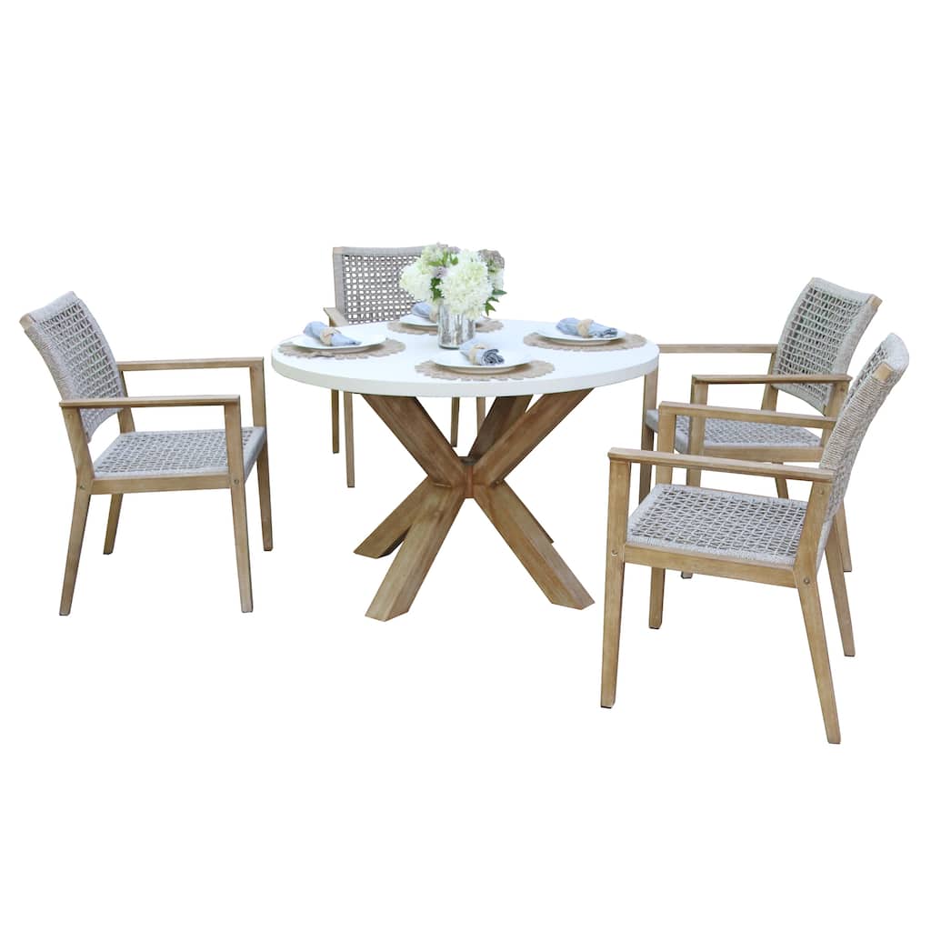 Cordelia 48" Ivory Composite Dining Table With 4 Wheat Rope Chairs